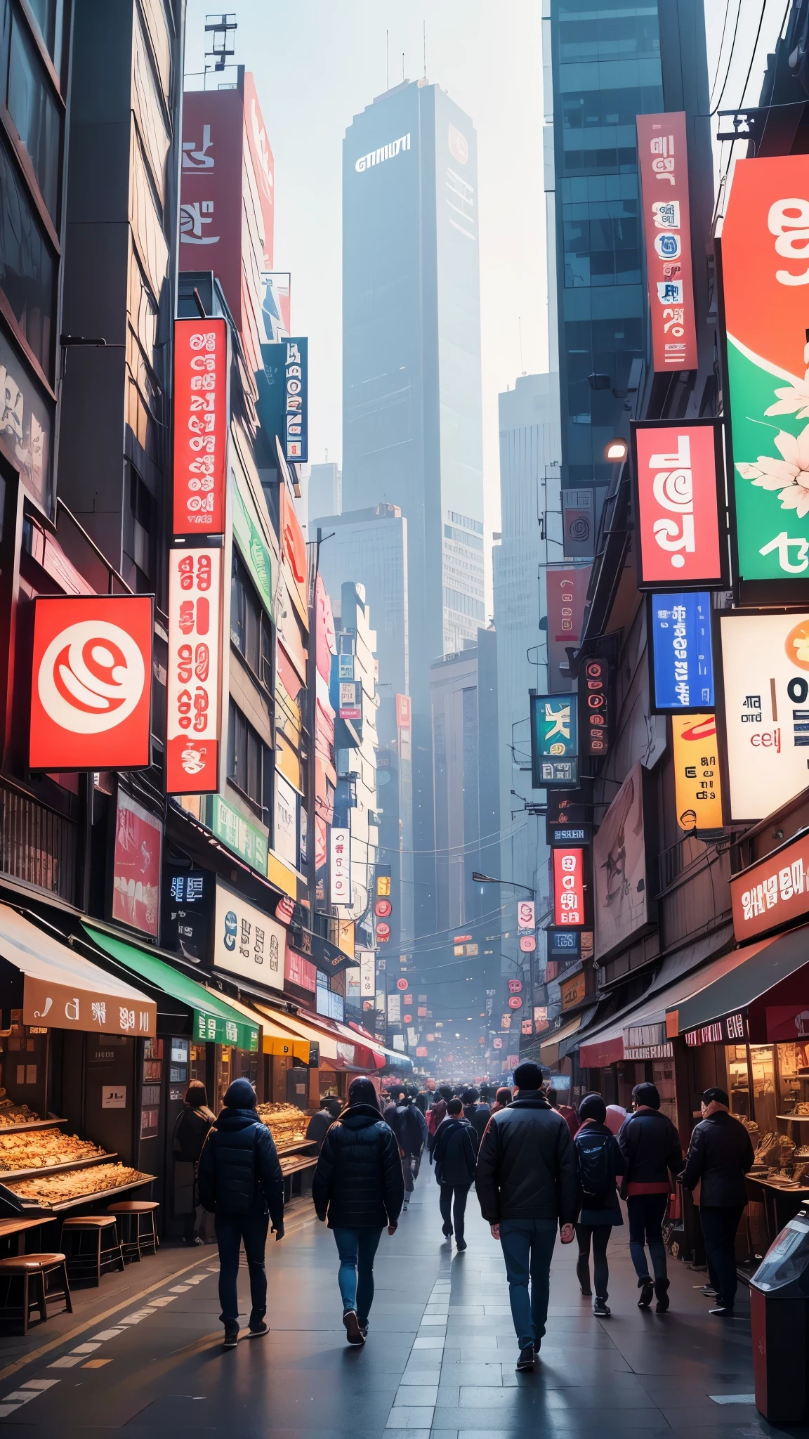 downtown myeong-dong seoul in the daytime, 4K, ultrasharp, 8k, cars, people, anime, illustration, gibli