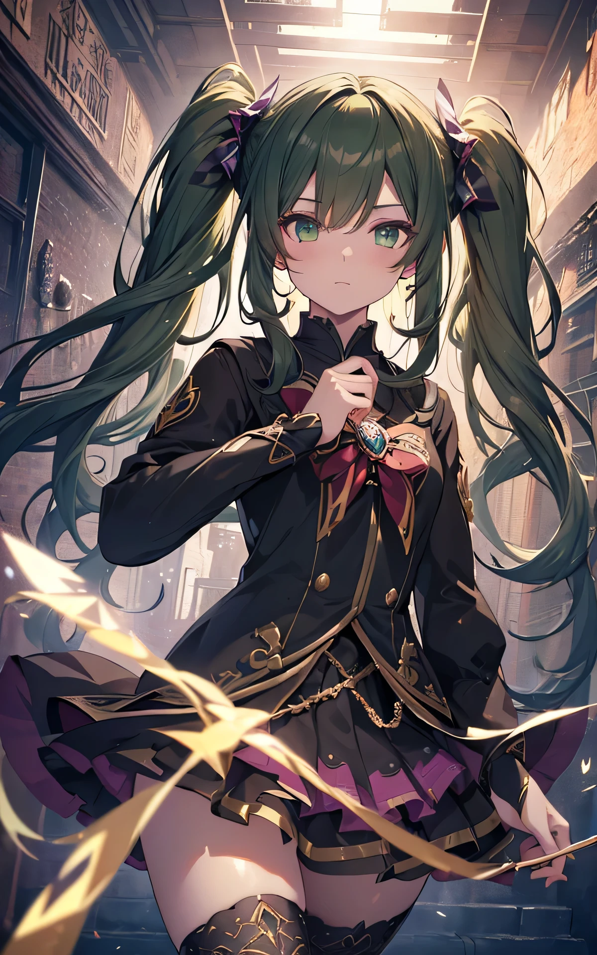 (Unity 16K Wallpaper, Masterpiece, Best Quality, Ultra-Detailed, Extremely Detailed CG, Caustics, Cinematic Lighting, Detailed, Beautiful Detailed Eyes, 1 girl), soro, twintails, long wavy hair twintails.hairs between eyes,dark green eyes ,dark green hair, (magical girl:1.2), princess dress, over legwear, magical stick,