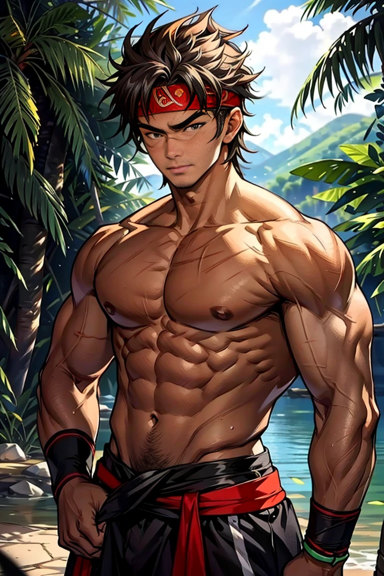 (Masterpiece, Best quality 17 year old boy，Shota), solo, Young, boy, Dark Short hair, full bodyesbian, Shirtless, babyface, topless, green headband, Vivid colors,(Depth of field:1.2),(Abs), view the viewer, black wristband, closed mouth, serious, topless male, pale tanned skin with tight muscler body, Man with martial arts stance, epic kung fu pose,