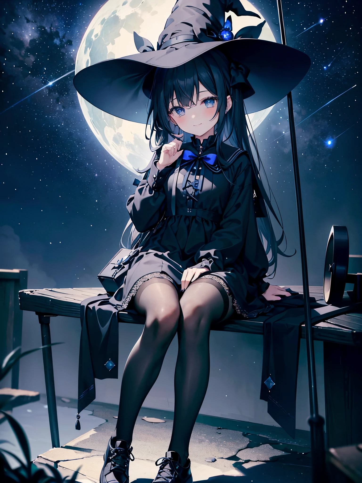 A girl smiling under the starry sky、Woman wearing a large black witch hat with sapphire accessories、She is wearing a black and white gothic sailor dress with a navy blue ribbon.、black stockings、Black sneakers with white shoelaces