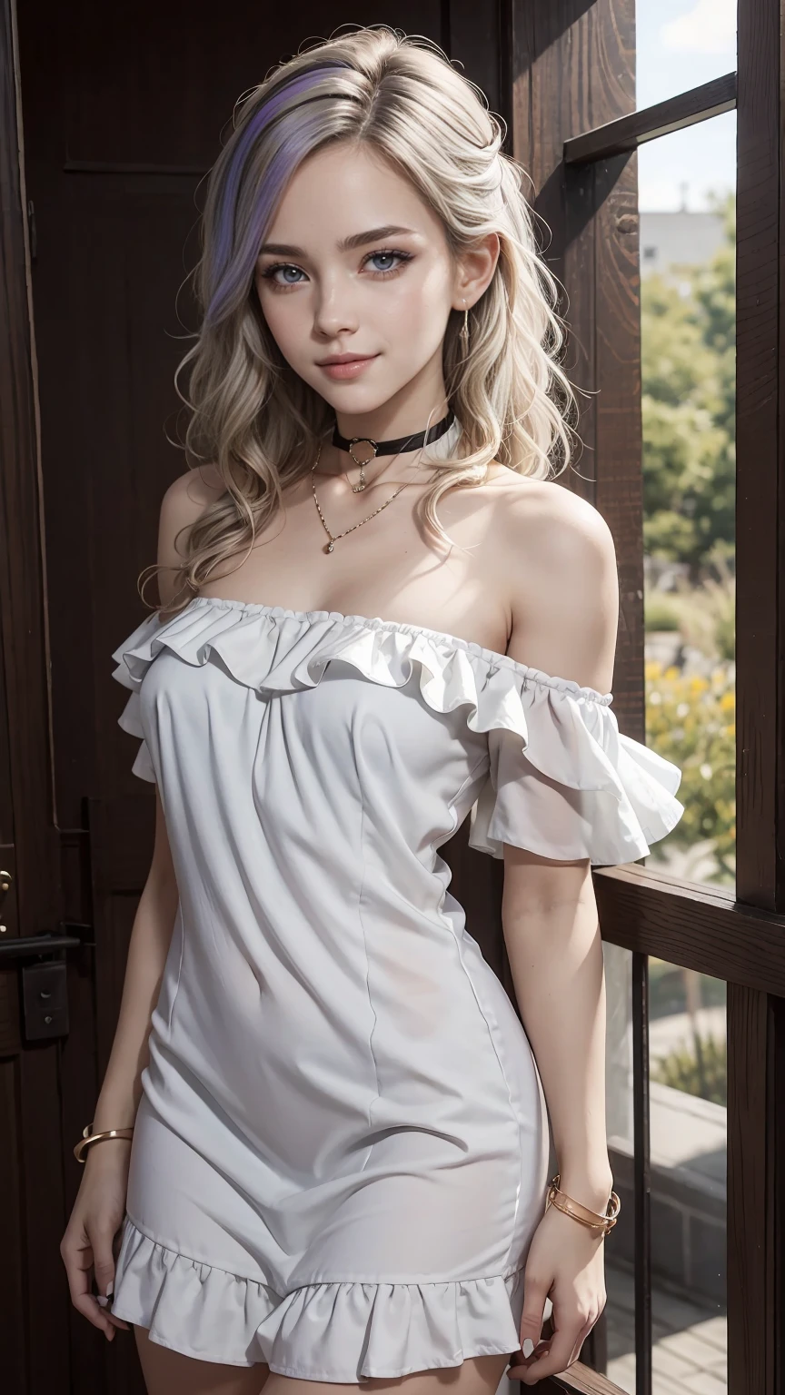 22 year old white female、Hair color is a gradation of brown and purple、eye color is blue、long hair、setting hair、I have a side tail、accessories on wrist、I'm wearing a choker、skin is smooth、smile、Slender but muscular body、My heart is pounding、high resolution、She is wearing a one-shoulder dress with frills.