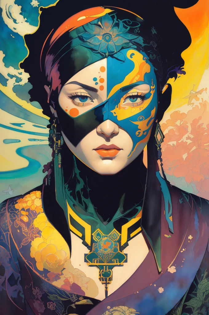 Attractive beautiful woman with black hair with gothic costume, (altamente detalhado: 1.2), Hyper-detailed eyes and use of high-tech sunglasses with holographic display 1.2) ,Gorgeous multidimensional geometric wall, Vibrant vivid color coloring,