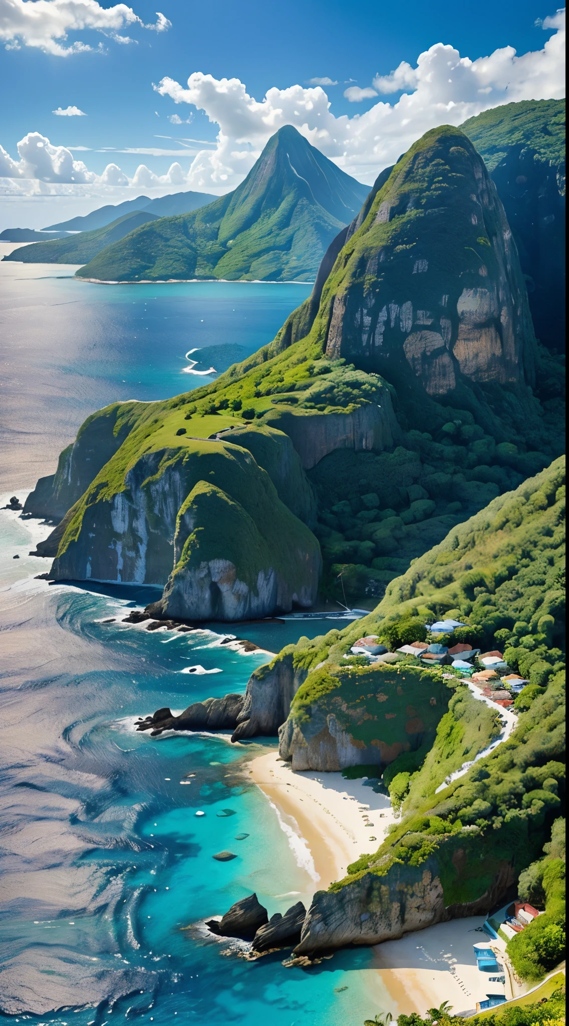 saint lucia, caribbean, island, the pitons, breath-taking scenery, encouraging introspection and tranquility. A hidden island cove, with a village nearby, verdant green mountains in the distance, brilliant blue aquamarine sea, with waves breaking on the shore, peaceful, calm, a few clouds in the sky, sunny day, 8k, ultrasharp, high details, architecture, a cruise ship in the distance, 16k, architecturally correct.
