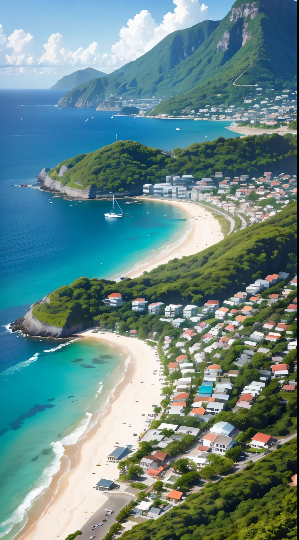 Drone shot of castries city, saint lucia, caribbean, breath-taking scenery at sunset on the castries harbour with a cruise ship in the distance, encouraging introspection and tranquility. A hidden island cove, with a village nearby, brilliant blue aquamarine sea, with waves breaking on the shore, peaceful, calm, a few clouds in the sky, sunny day, 8k, ultrasharp, high details, architecture, a cruise ship in the distance, 16k, architecturally correct, dji mavic pro shot.