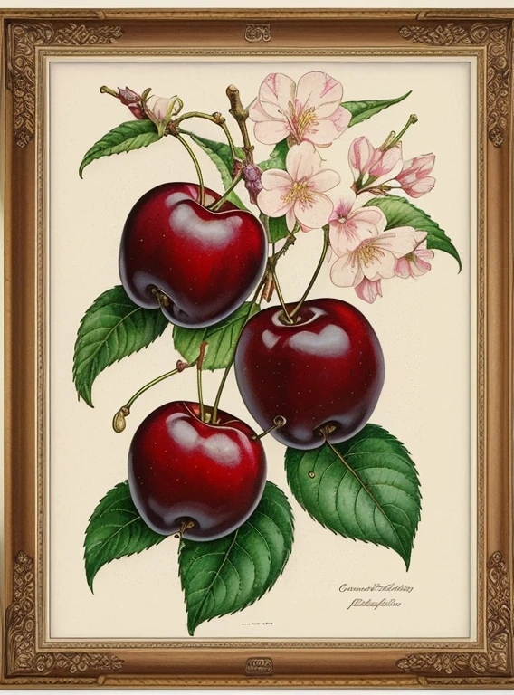 Vintage Victorian style　Precise botanical encyclopedia (best quality:1.2), (detailed:1.2), (masterpiece:1.2), vintage botanical illustrations of cherries and cherry blossom flowers, ((cherry))