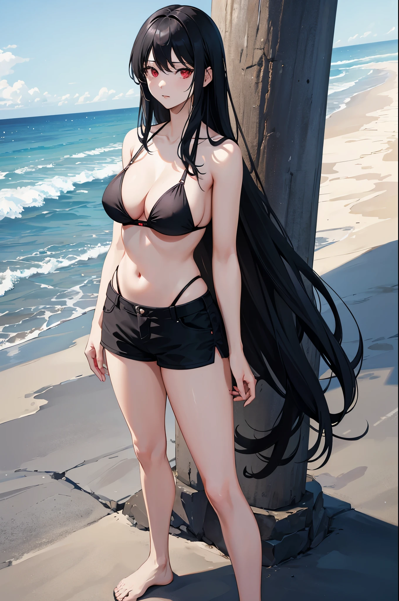 1woman, long black hair, red eyes, bikini top, shorts, beach, standing on ground, high res, ultra sharp, 8K, masterpiece