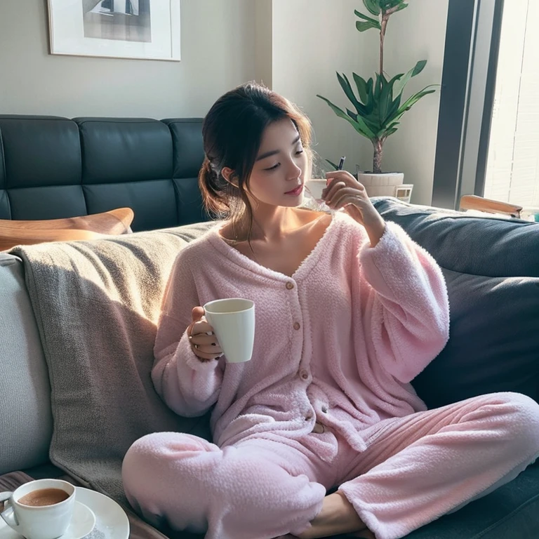 Beauty、morning、Over a cup of coffee、pajamas、sitting on the sofa