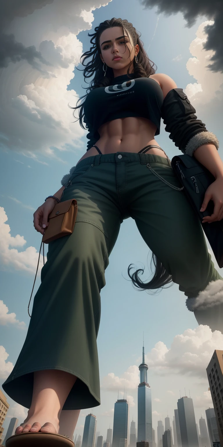 "A towering Giantess in a cool and laid-back hippie style is rocking a crop top and baggy pants. Her toned and athletic build hints at her massive strength. She seems to be casually strolling through the bustling cityscape of GTS City, as towering buildings loom overhead. Smoke and clouds roil around her, adding to the sense of epic scale and drama. The lighting is dark, gloomy, and realistic, creating a tense and ominous atmosphere. The perspective is from below, emphasizing the sheer majesty and power of the Giantess."