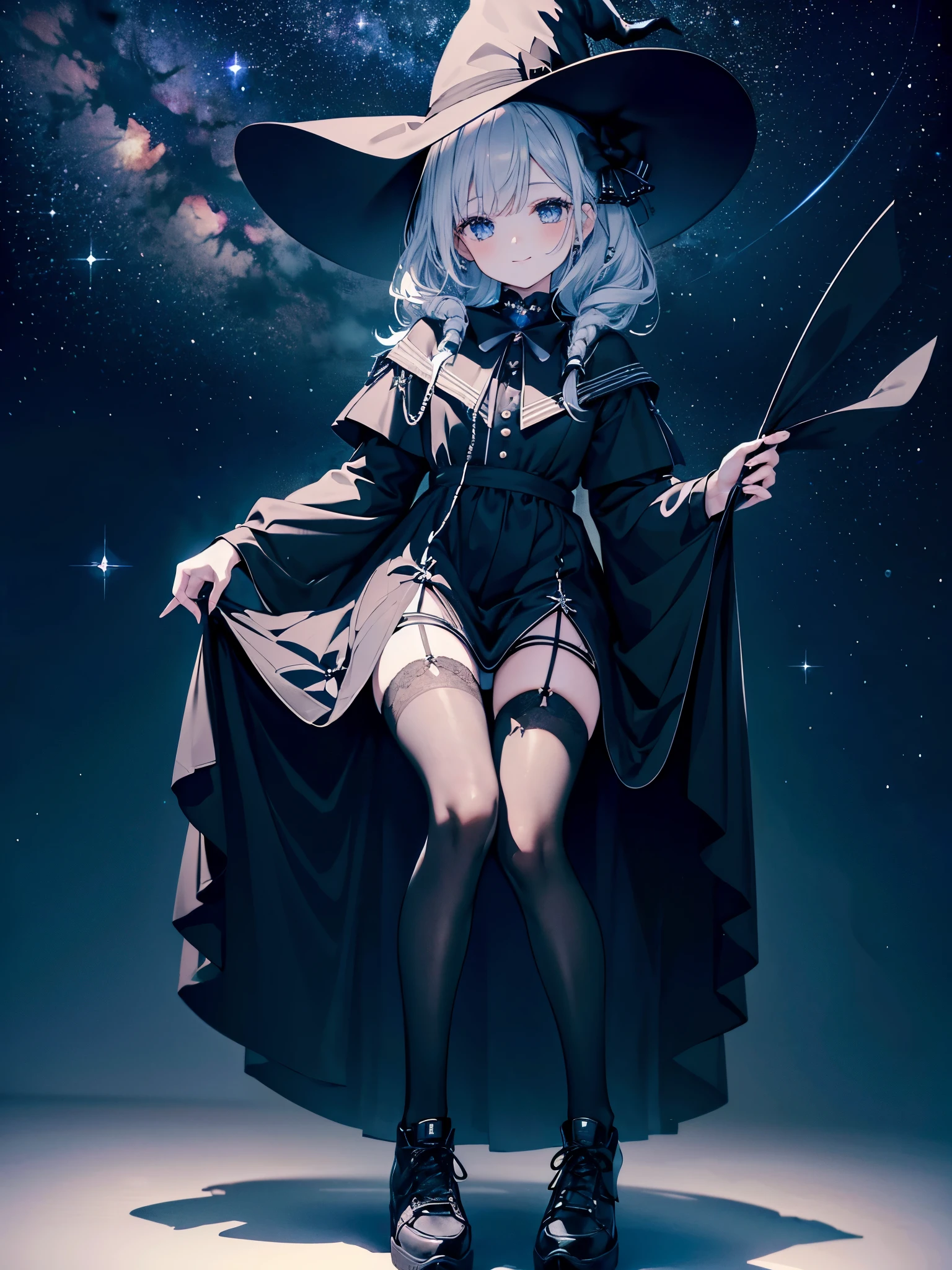 A girl smiling under the starry sky、Woman wearing a large black witch hat with sapphire accessories、She is wearing a black and white gothic sailor dress with a navy blue ribbon.、black stockings、Black sneakers with white shoelaces