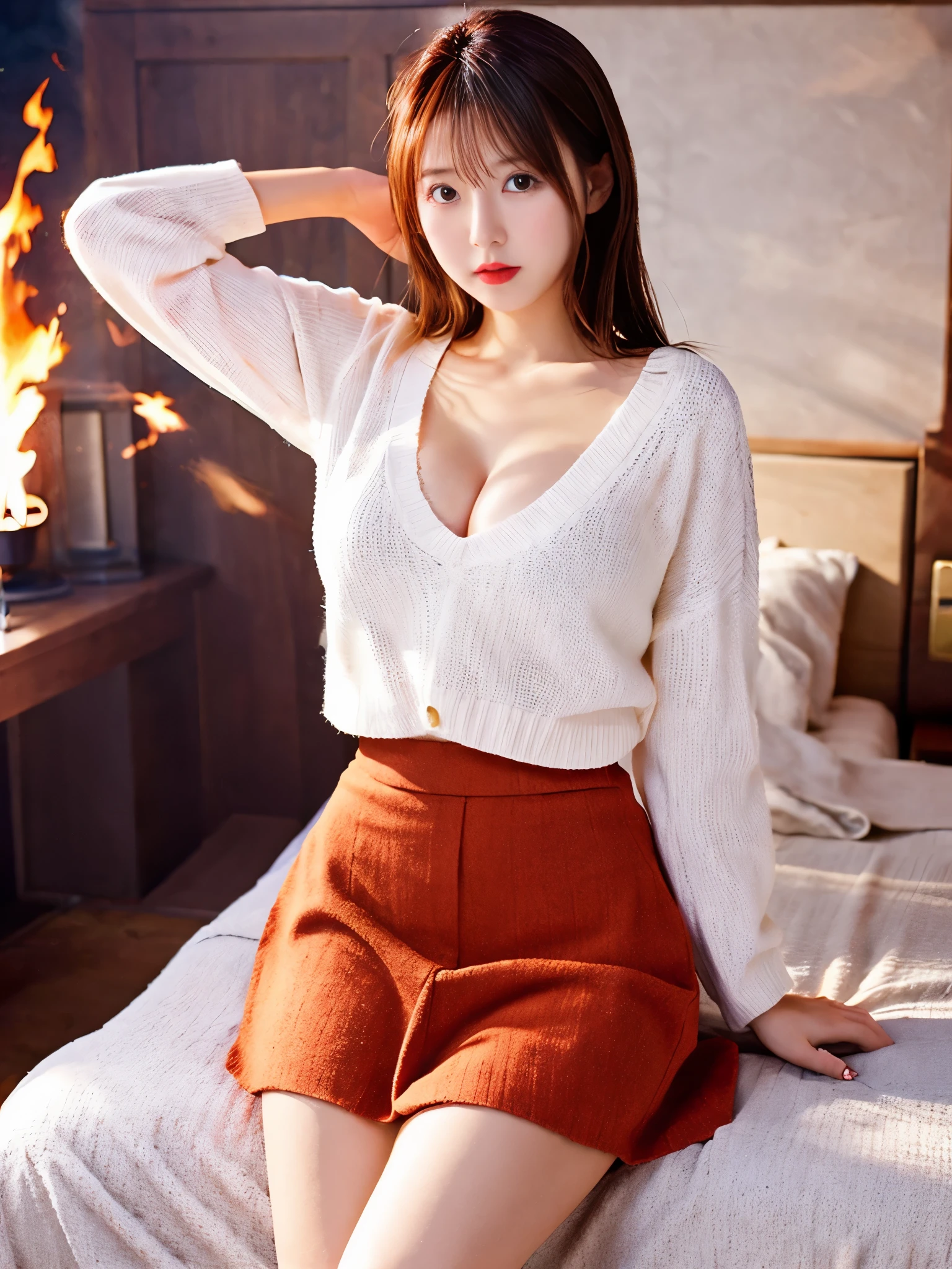 japanese girl、girl in her 20s、perfect body shape、Transparency、big breasts、white sweater、navy blue skirt、fiery idol pose、sensual look、shiny thighs、His room