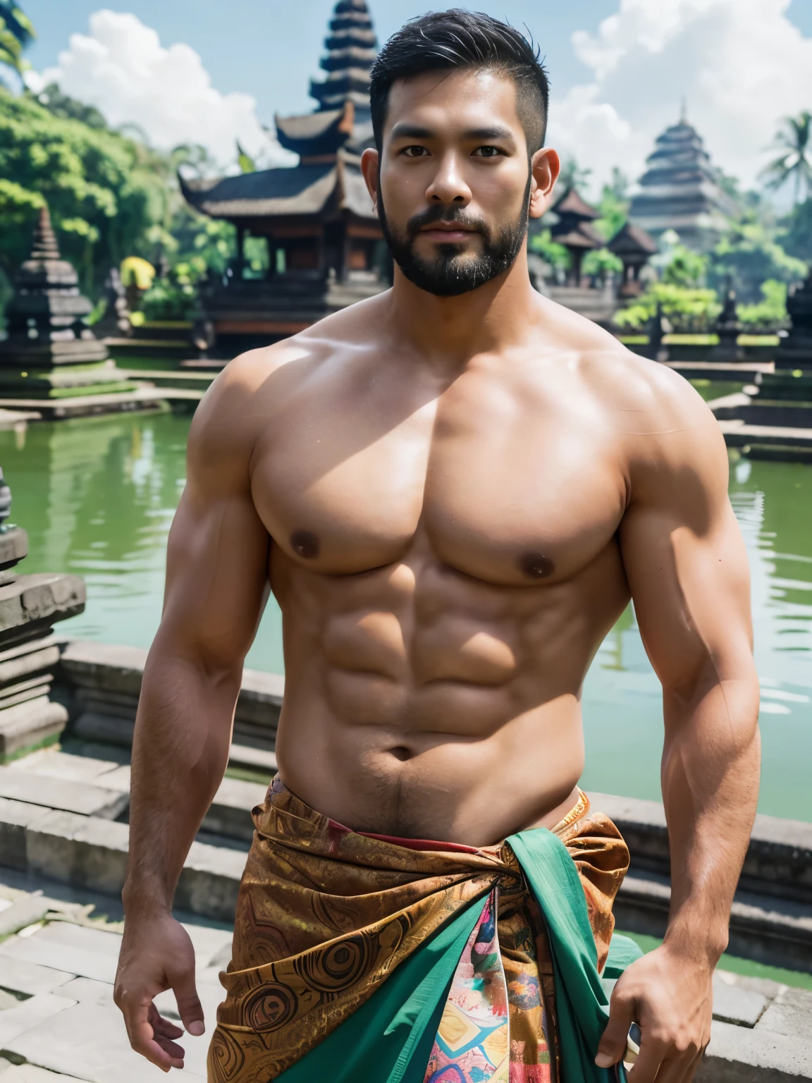 Thai handsome male age 35 with musclar sexy body and hairly big chest.Weight 200 kg and height 2.5 meter tall. Model wearing bottom color sarong. Professional outdoor photography. Balance eye and face. Ultra high details. Standing in a sacred pond of Tirta Empul temple in Bali, Indonesia.
