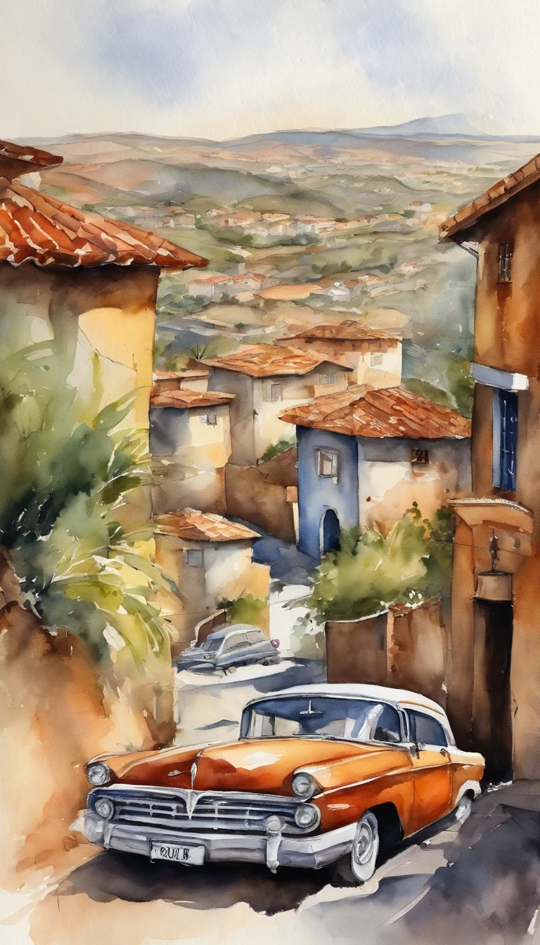 Pintura em aquarela da paisagem, vista sobre a cidade, piso molhado, Vehicles, , Big bungalow