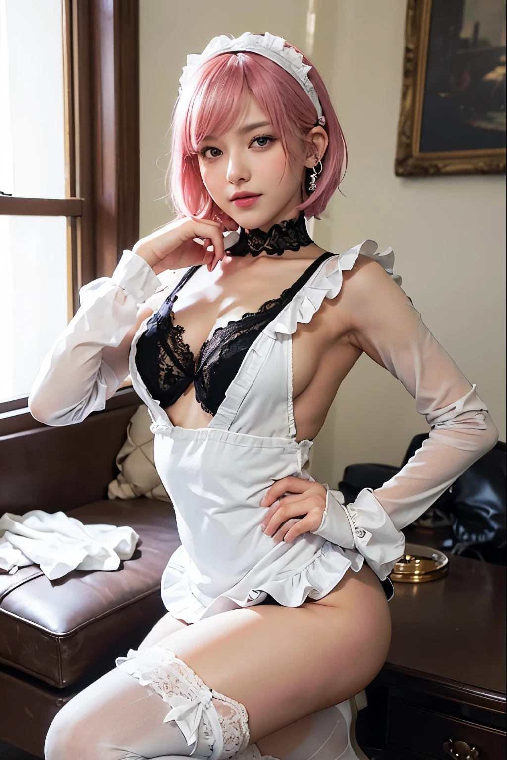 (8K, top-quality, masterpiece:1,2), (reallistic, Photorealsitic:1.37), Super Detail, One girl,), (Highly detailed), (beautifully detailed eyes), (of the highest quality), (super detailed ), (masterpiece), (Detailed face),20yr old, ,1 girl, ((pink hair,Very short hair)), medium breasts, clothed, Perfect Lighting, BREAK (black lace apron:1.3), (white bodysuit:1.4), tight and sexy silhouette, (white frills and ribbons:1.2), collar, gloves, (white knee socks:1.2), (black high heels:1.3), (white headband:1.2), earrings, BREAK bangs cover right eye, earrings, smile:1.5, point gun at camera, left hand on hip, shoulders back, emphasize chest, (bright mansion:1.2), sunlight from window, paintings and decorations on wall, carpet and furniture on floor, (sunlight on face and chest:1.3), sparks from gun muzzle, light reflects on earrings and frills