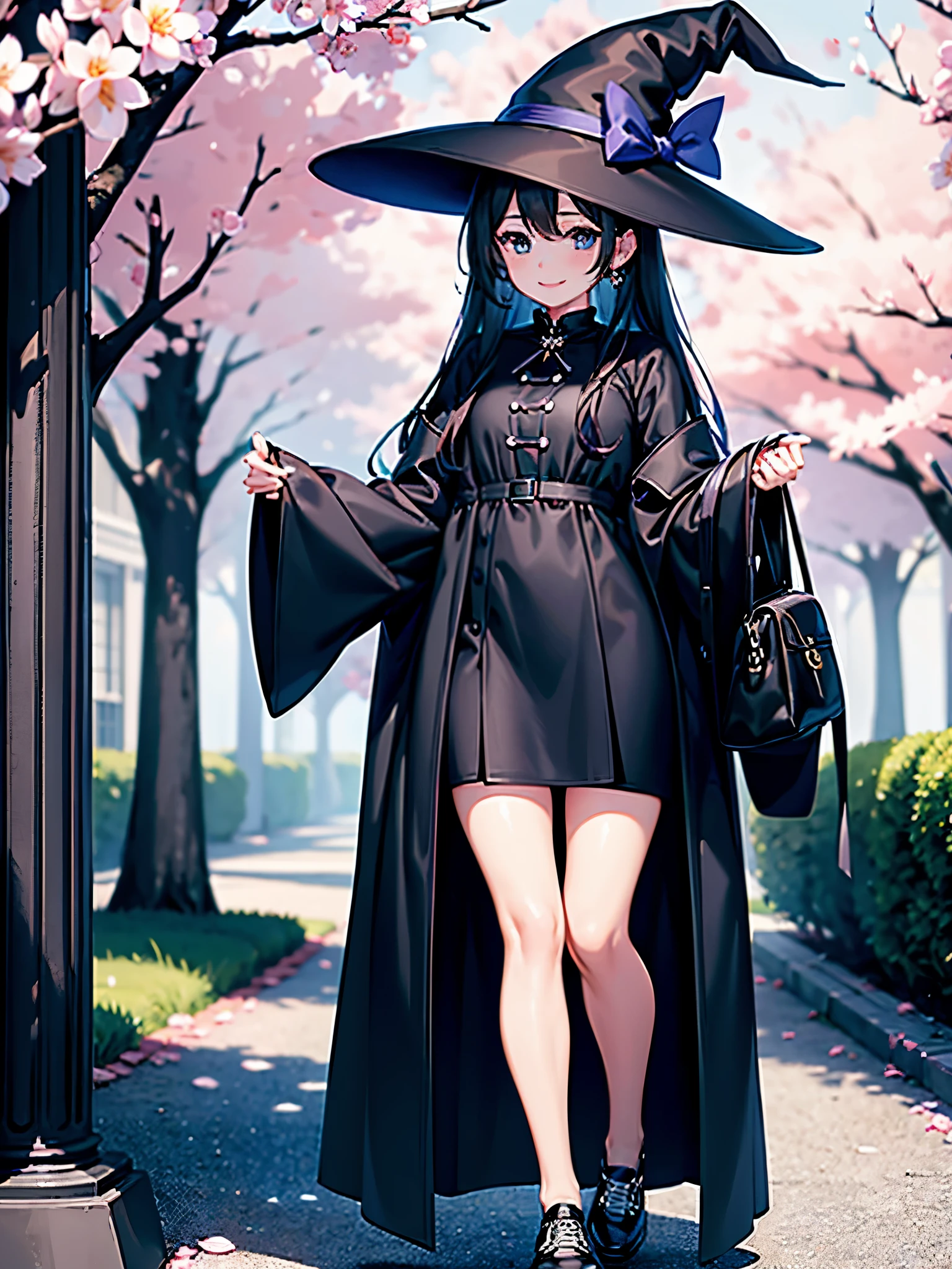 A girl smiling under the cherry blossom tree、Woman wearing a large black witch hat with sapphire accessories、is wearing a black coat、She is wearing a white dress with a navy blue ribbon on the inside.、black stockings、Black sneakers with white shoelaces、