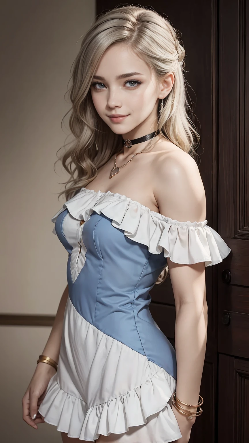22 year old white female、Hair color is a gradation of brown and purple、eye color is blue、long hair、setting hair、accessories on wrist、I&#39;m wearing a choker、skin is smooth、smile、Slender but muscular body、My heart is pounding、high resolution、She is wearing a one-shoulder dress with frills.