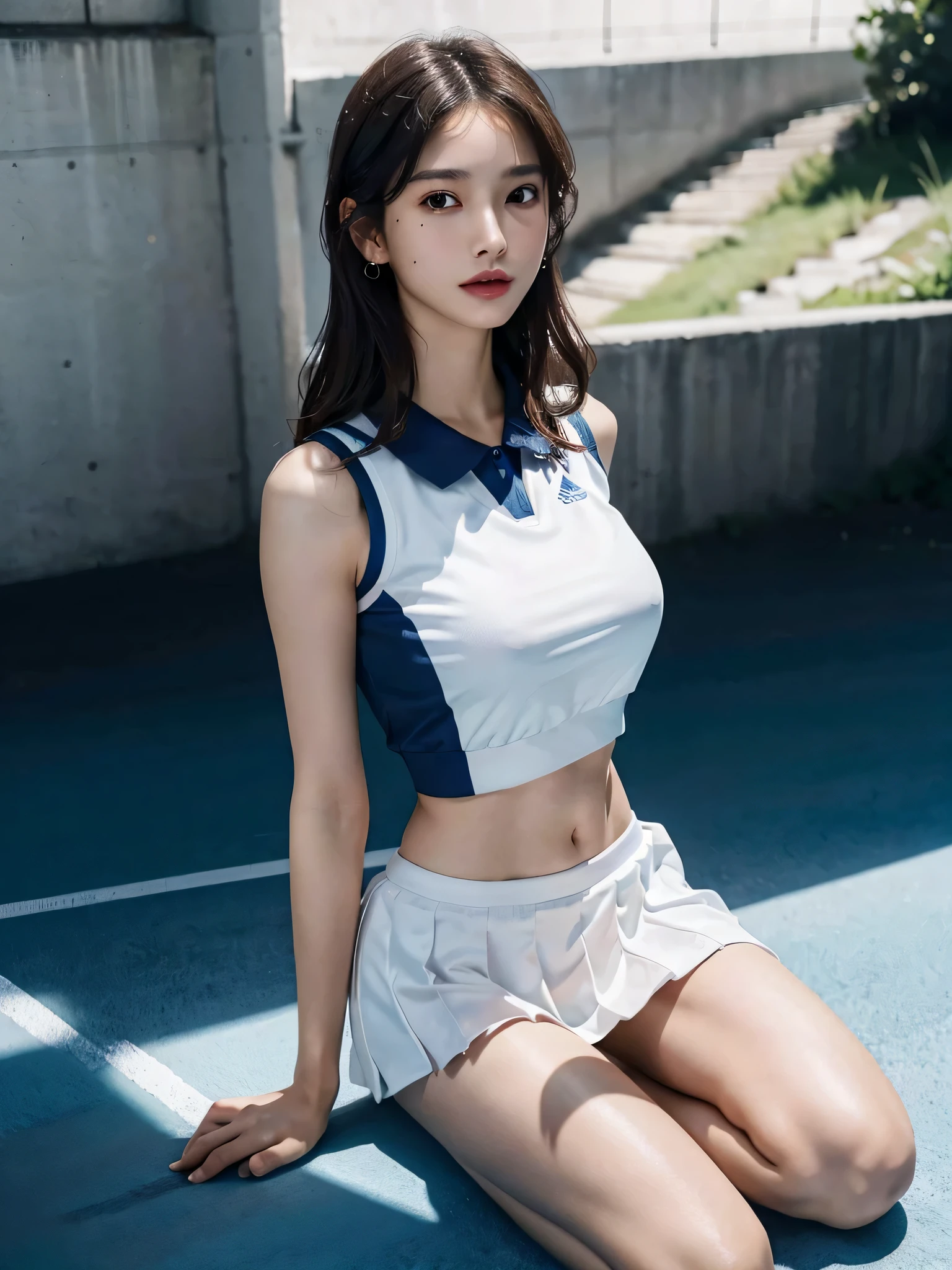 disorganized, RAW photo, very delicate and beautiful, masterpiece, highest quality, ultra high resolution, 16k, surreal, super detailed, perfect anatomy, super dense skin, perfect figure, Highly detailed CG 8k wallpaper, 20&#39;s, very slim body, (tight waist:1.2), very small head, very small face, delicate features, tearful mole, mole on chest, earrings, thin legs, (very huge round breasts:1.3), (full body shot:1.1), short middle hair, wavy hair, (tennis uniform:1.2), (barefoot:1.1), (abdomen:1.1), No sleeve,