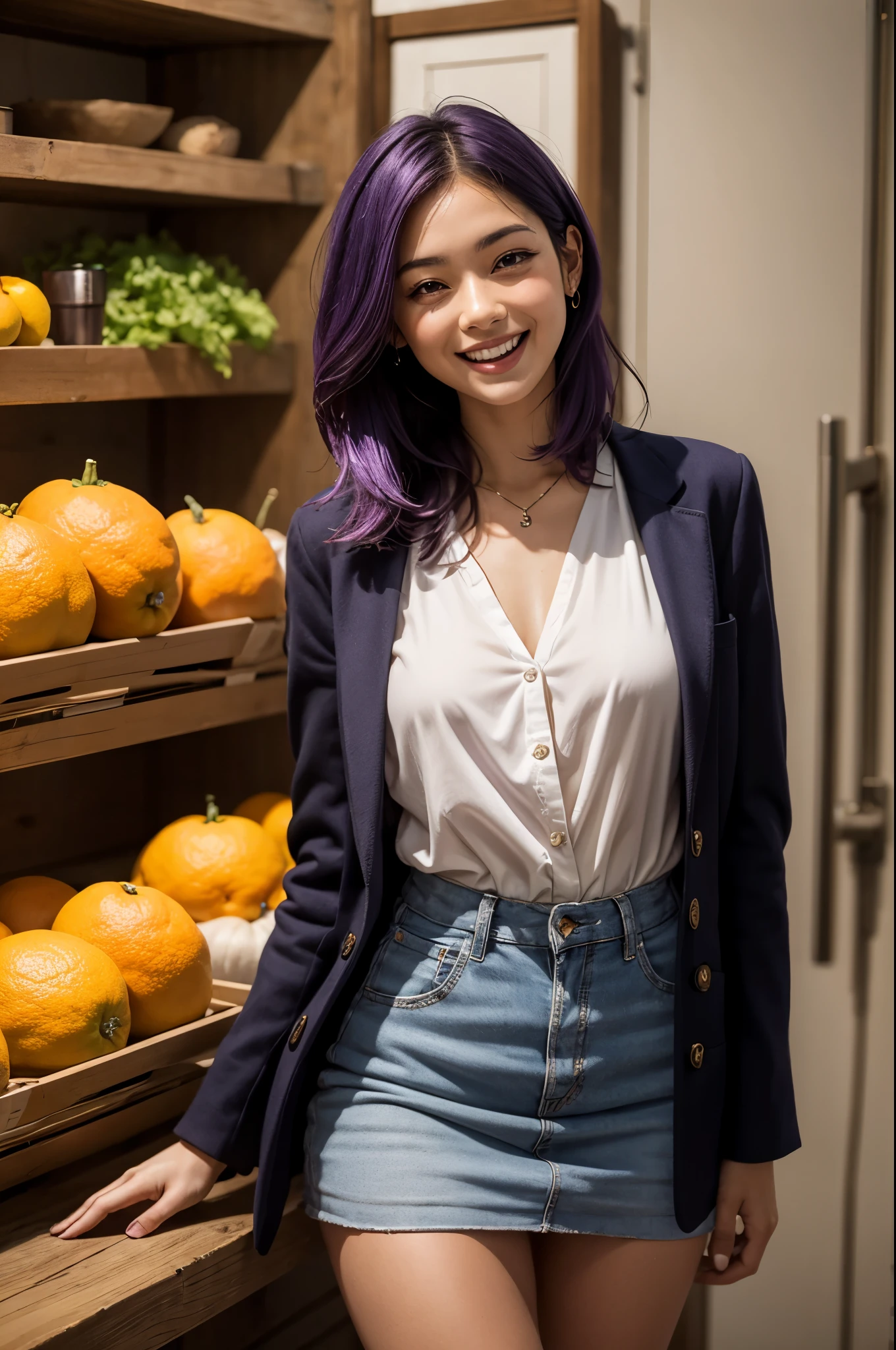 purple hair, a girl laughing, open white blouse, Breasts exposed, Purple miniskirt, background full of oranges ,