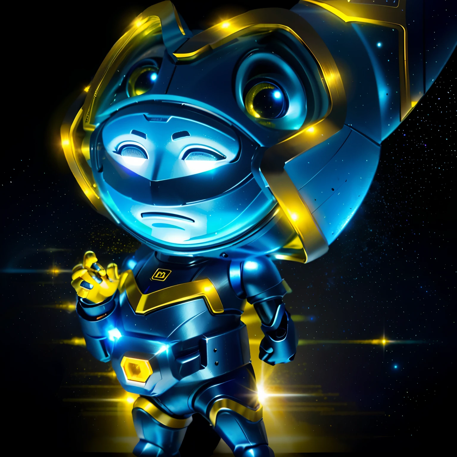a yellow and blue robot with a yellow helmet and a black face, traje espacial amarelo, mascote pop funko, humanoid ape fantasy race, Metallic shimmering, anthropomorphic character, wears tiny spacesuit, dog in a space suite, esse personagem tem criocinese, mascote de corpo inteiro, personagem toonix, Catraca e Clank, cute cyber gods