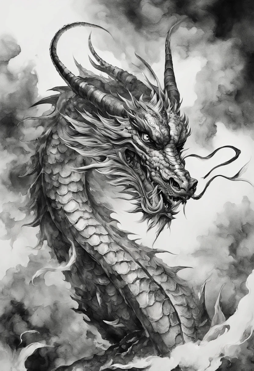 ink painting dragon、black and white divine dragon、black and white ink painting、dragon ink painting、Divine dragon ink painting、no people are depicted、Ink painting of divine dragon only、