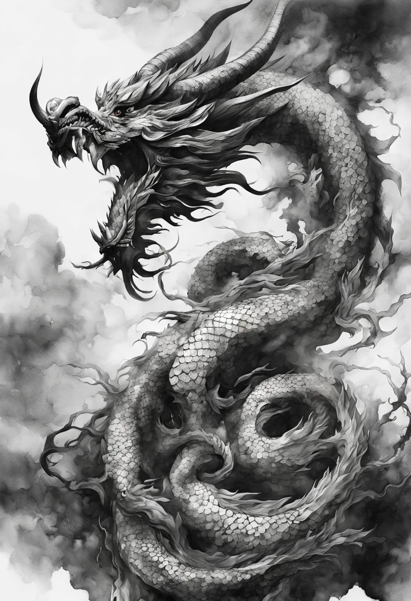 ink painting dragon、black and white divine dragon、black and white ink painting、dragon ink painting、Divine dragon ink painting、no people are depicted、Ink painting of divine dragon only、