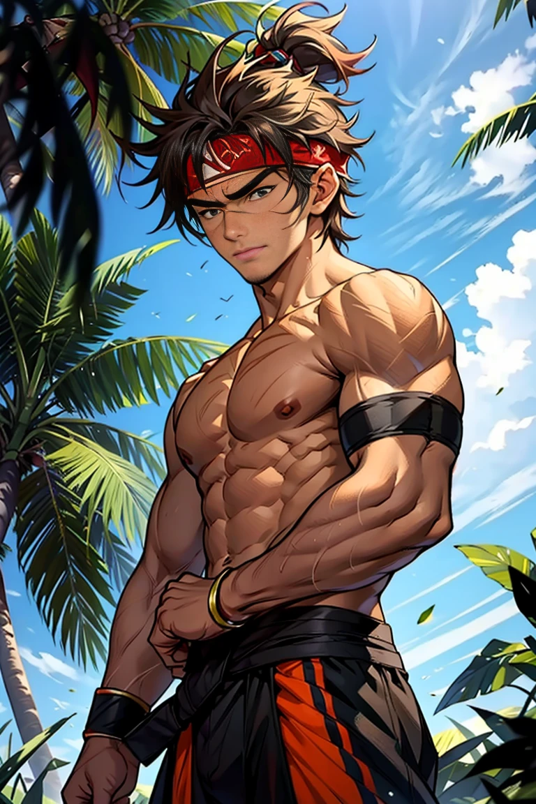 (Masterpiece, Best quality 17 year old boy，Shota), solo, Young, boy, Dark Short hair, full bodyesbian, Shirtless, babyface, topless, green headband, Vivid colors,(Depth of field:1.2),(Abs), view the viewer, black wristband, closed mouth, serious, topless male, pale tanned skin with tight muscler body, Man with martial arts stance, epic kung fu pose,