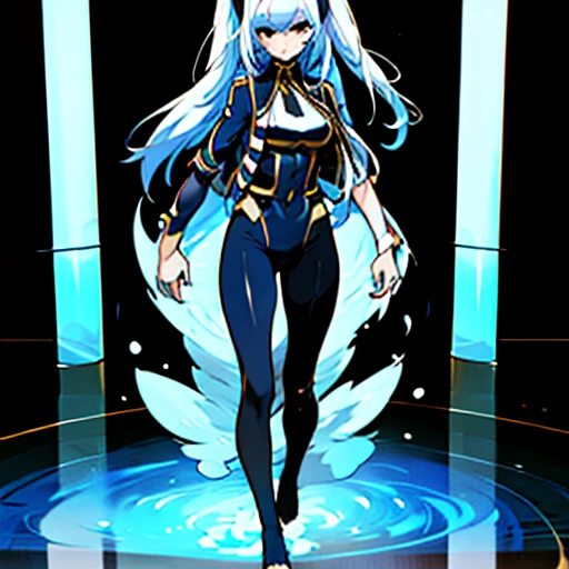 An anime picture, a perfect body, full body, snow background, a princess with twin tails (cyan color), hair ornament, light blue clothes, detached sleeves, black leggings, ice skating shoes, and black leggings. ice skating