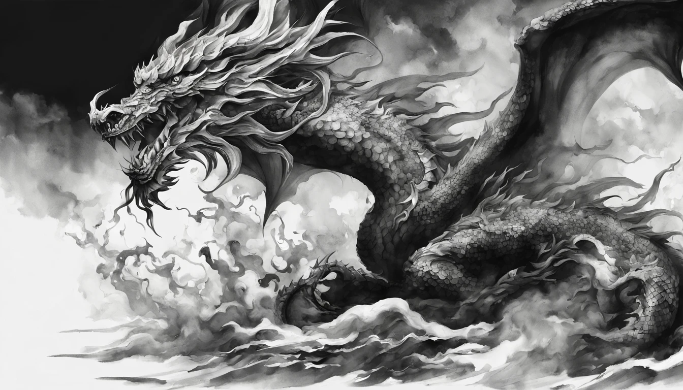 ink painting dragon、black and white divine dragon、black and white ink painting、dragon ink painting、Divine dragon ink painting、no people are depicted、Ink painting of divine dragon only、