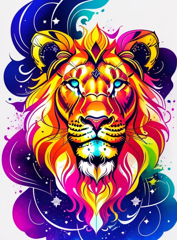 Detailed illustration of the constellation Lion, flower splash, T-shirt design, Realistic vivid colors,  vectorial art, adolable, Fantasy art, Love , Detailed watercolor effects, digital paint, Soft light, Panoramic view, Isometric style, retro aesthetic, Character focus, 4K 分辨率, No background, Realistic rendering, using Cinema 4D, isolated white background, LOGO style