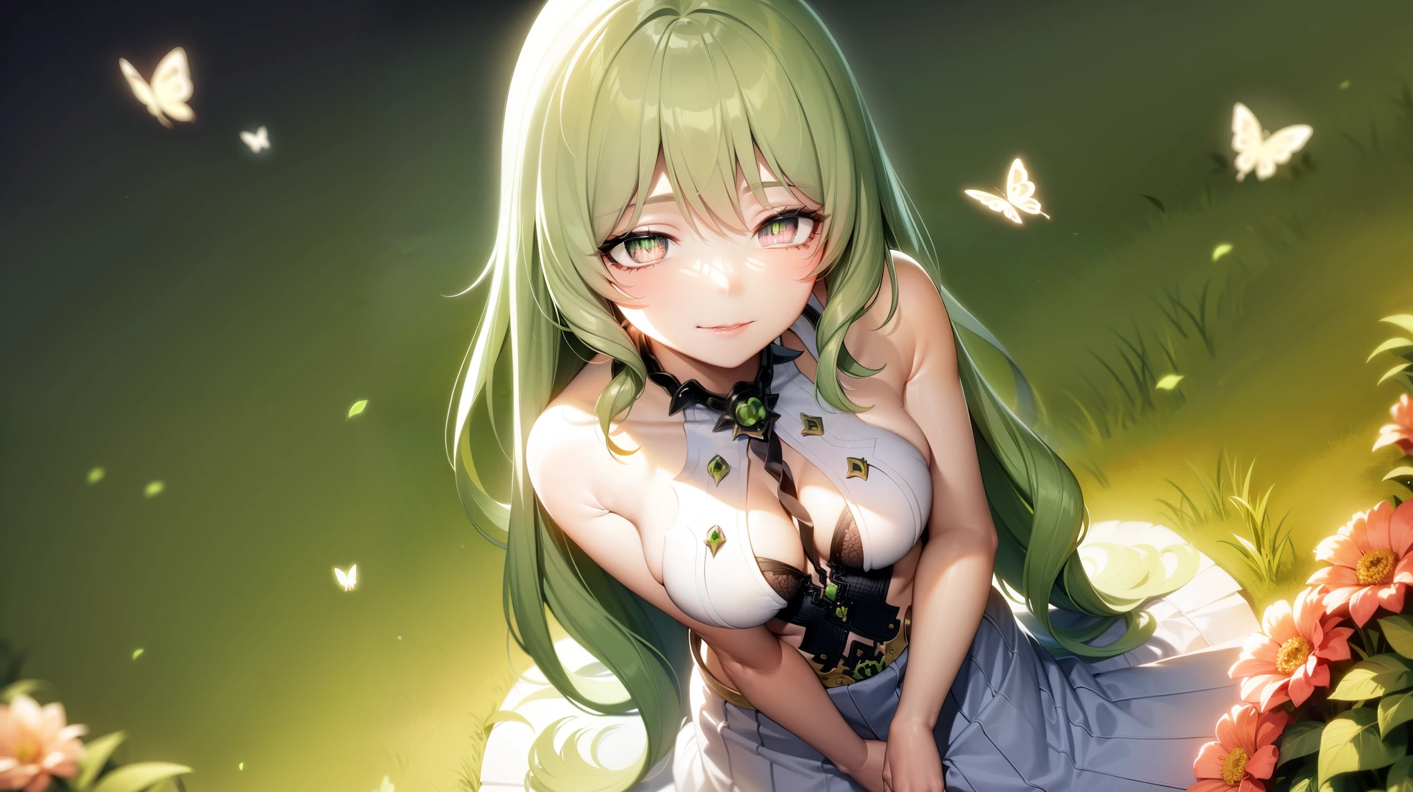 1 girl,Best quality, tmasterpiece, Long green hair, beautiful,detailed eyes, HD, super cute girl, super cute hairstyle, extremely detailed, Visually inspect the audience, The face is slightly red,is shy,adolable, small breasts cleavage, skirt, pleated skirt, frills, white dress, (solo:1.6), seductive smile, (green eyes with beautiful pupils:1.7), (on her knees:1.5), (garden background with butterflies and flowers around:1.2),