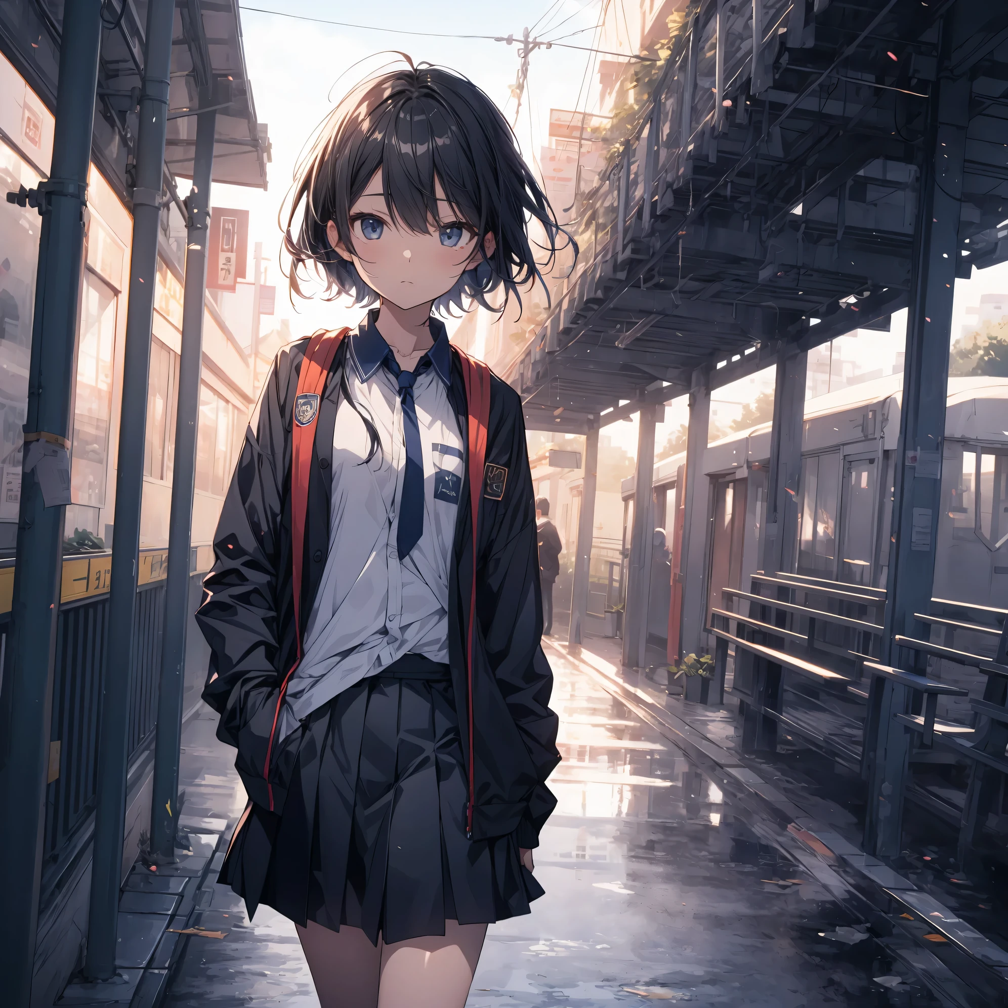 Super high quality by the art god, super detailed, High resolution,Kyoto animation style, anime moe art style, best anime 8K konachan wallpaper, pixiv contest winner, perfect anatomy, break,(眠そうにalone学校へ行く女の子を描いてください. ),break, surreal high school girl, (alone,lolita,:1.3),All limbs, full finger,, androgynous charm, (very short hair), messy hair, flat chest, small ass, between legs, Small black eyes,beautiful and fine eyes, Well-proportioned iris and pupils, disgusted eyes, High resolutionの詳細な髪, wearing , (skirt), On the way to school. break,super dense skin, Best lighting by famous artists, 8K, figure,