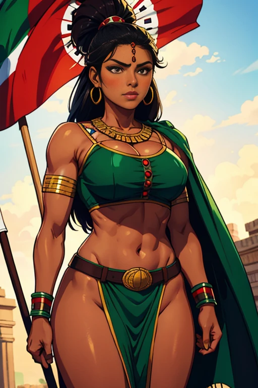 mexican Woman mexican superhero suit europe clothing red white greens clothes Flag of mexico longblack hair brown skin yellow eyes, native mayan tribe ornaments ,