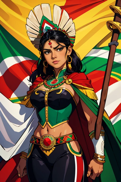 mexican Woman mexican superhero suit europe clothing  red white greens clothes Flag of  mexico longblack hair brown skin yellow eyes, native mayan tribe ornaments , 