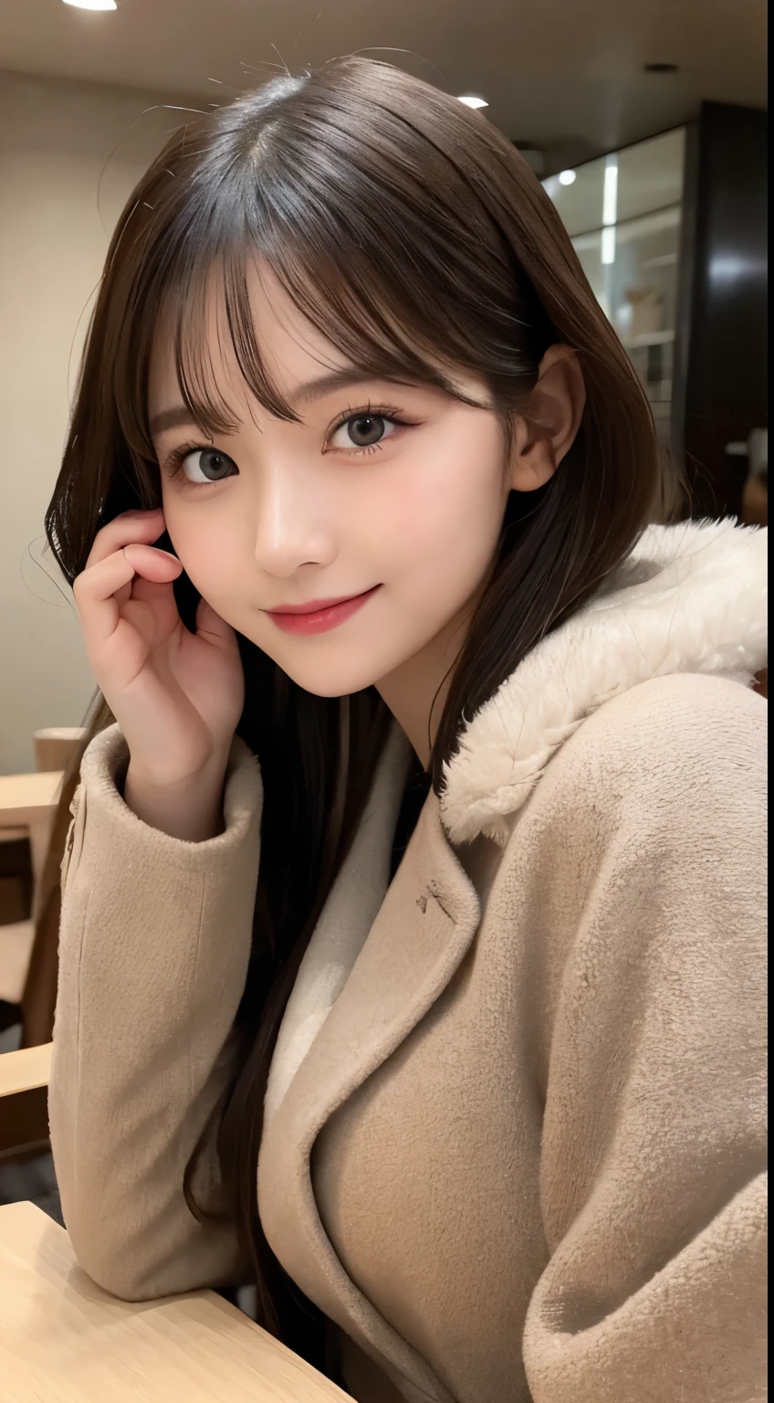 table top, highest quality, figure, super detailed, finely, High resolution, 8k wallpaper, 完璧なダイナミックな構figure, beautiful and fine eyes,medium hair,,natural color lip, bold sexy pose,smile、20 year old girl、cute、sexy shot looking at camera,Latest trend Tokyo winter clothes、luxury brand mink coat(black),beautiful detailed face,Beautiful detailed double eyelids,perfect and beautiful face,small face,big eyes