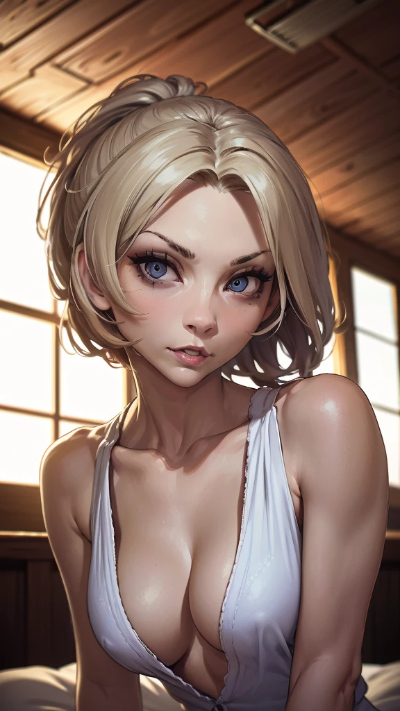 (masterpiece, best quality, chromatic lighting, professional quality) FaithMirror, 1girl, solo, blonde hair, high ponytail, realistic body proportions, parted lips, lingerie, laying on bed, looking at viewer, black rim glasses, lips, seductive, pov fucking, riding cowgirl, ahegao, worms-eye-view perspective, viewer looking up at her face