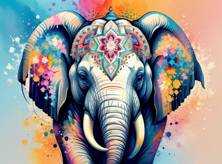 A kaleidoscope radiating joy with a majestic elephant head at the center vector, Alcohol ink and impasto mix painting,  explosion, 
yang08k,  beautiful,  colorful,
masterpieces, top quality, best quality, official art, beautiful and aesthetic,