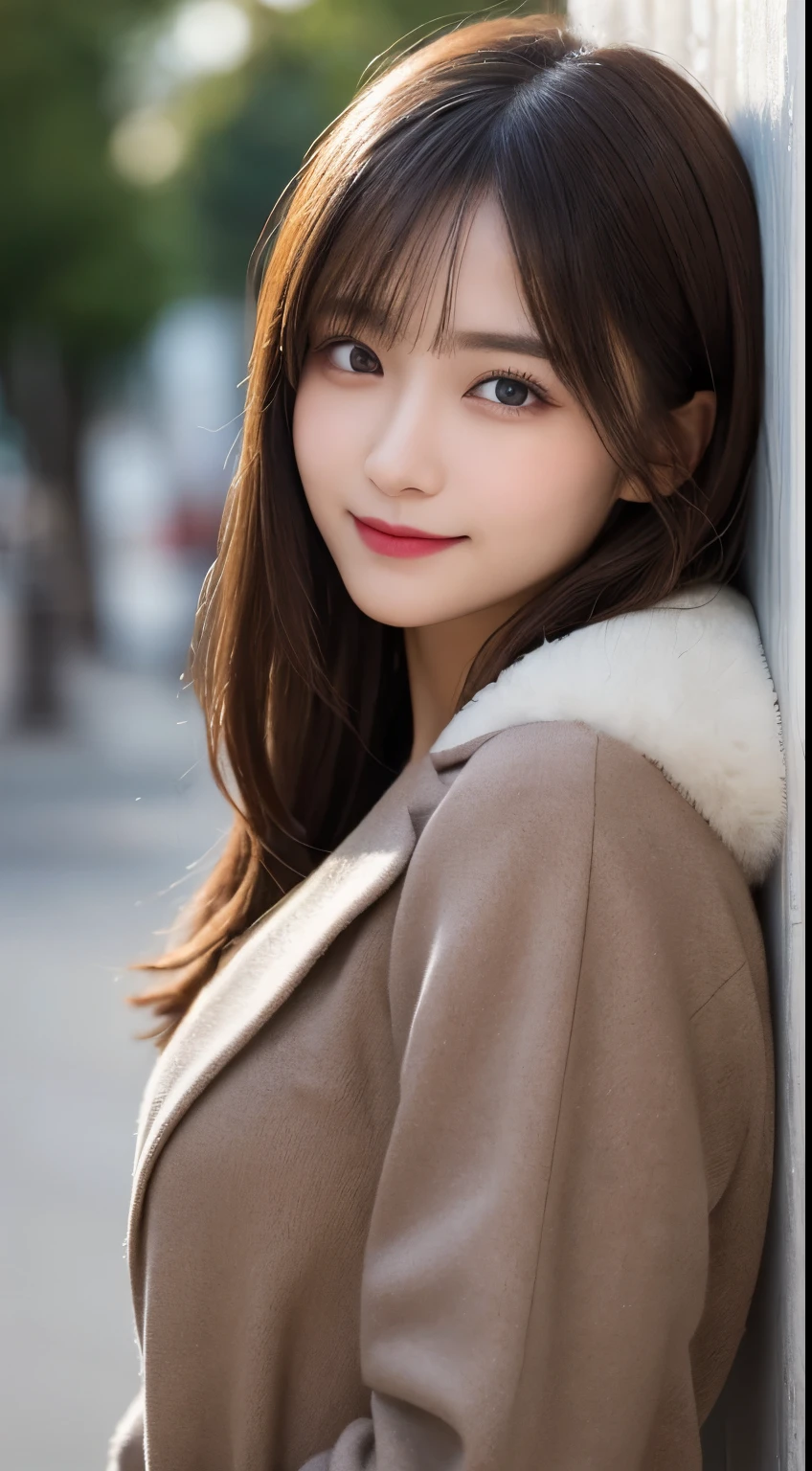 table top, highest quality, figure, super detailed, finely, High resolution, 8k wallpaper, 完璧なダイナミックな構figure, beautiful and fine eyes,medium hair,,natural color lip, bold sexy pose,smile、20 year old girl、cute、sexy shot looking at camera,Latest trend Tokyo winter clothes、luxury brand mink coat(black),beautiful detailed face,Beautiful detailed double eyelids,perfect and beautiful face,small face,big eyes