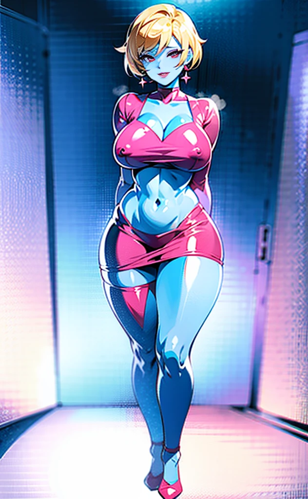 nsfw,(( bimbo Ami_Mizuno in slutty pink latex dress, ))),(( solo girl :1,8))+++++ hoop earrings, Puffy lips, Painted lips, thick lips. Blonde hair, short hair , wide hips, thick thighs, Bursting breasts ,evil smile, stripclub