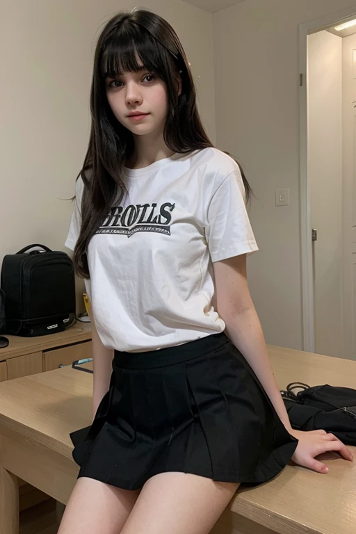 15 year old girl pale skin medium straight hair with black bangs and wearing a school skirt at home
