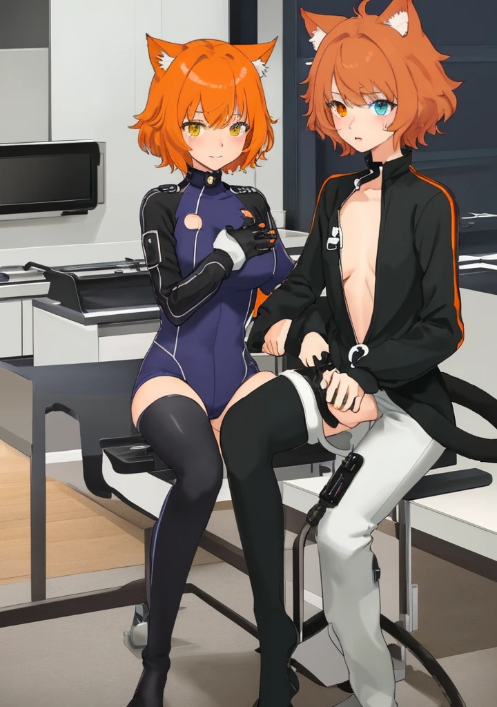 1girl, skinny, medium breast, cat tail and ears, short red-orange fluffy hair, (swept bangs), heterochromia eyes, eye1 blue, eye2 green, black violet plugsuit, half-open eyes, half-open mouth, no smile, blushes, ((masturbation, grabbing own breast, clitoral stimulation)), sits on chair, kitchen, half body