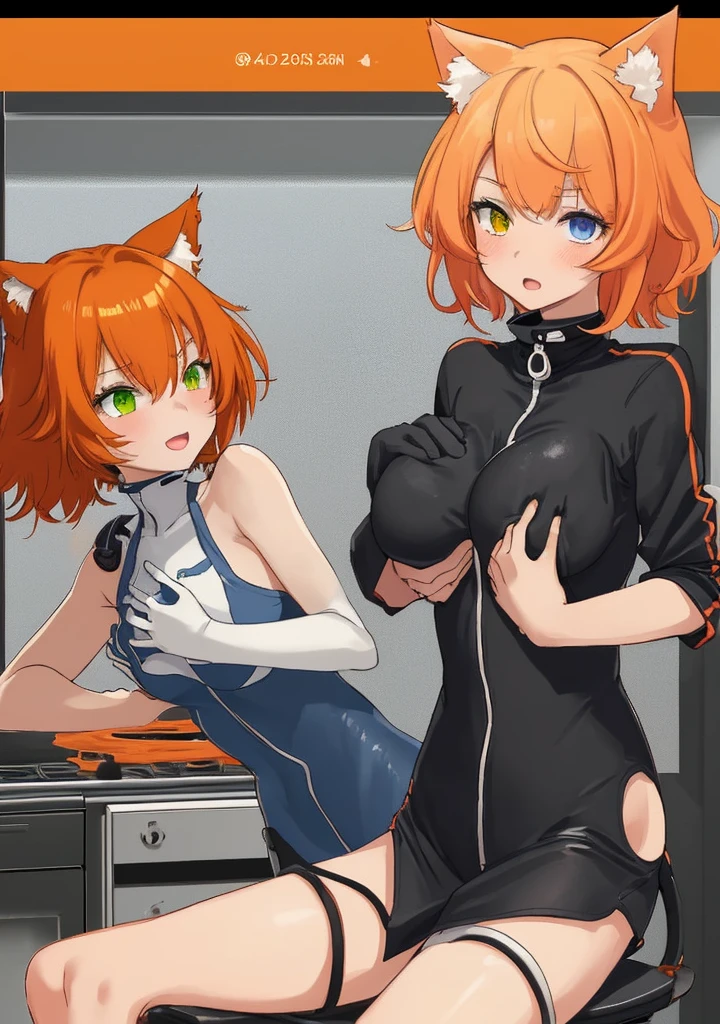 1girl, skinny, medium breast, cat tail and ears, short red-orange fluffy hair, (swept bangs), heterochromia eyes, eye1 blue, eye2 green, black violet plugsuit, half-open eyes, half-open mouth, no smile, blushes, ((masturbation, grabbing own breast, clitoral stimulation)), sits on chair, kitchen, half body