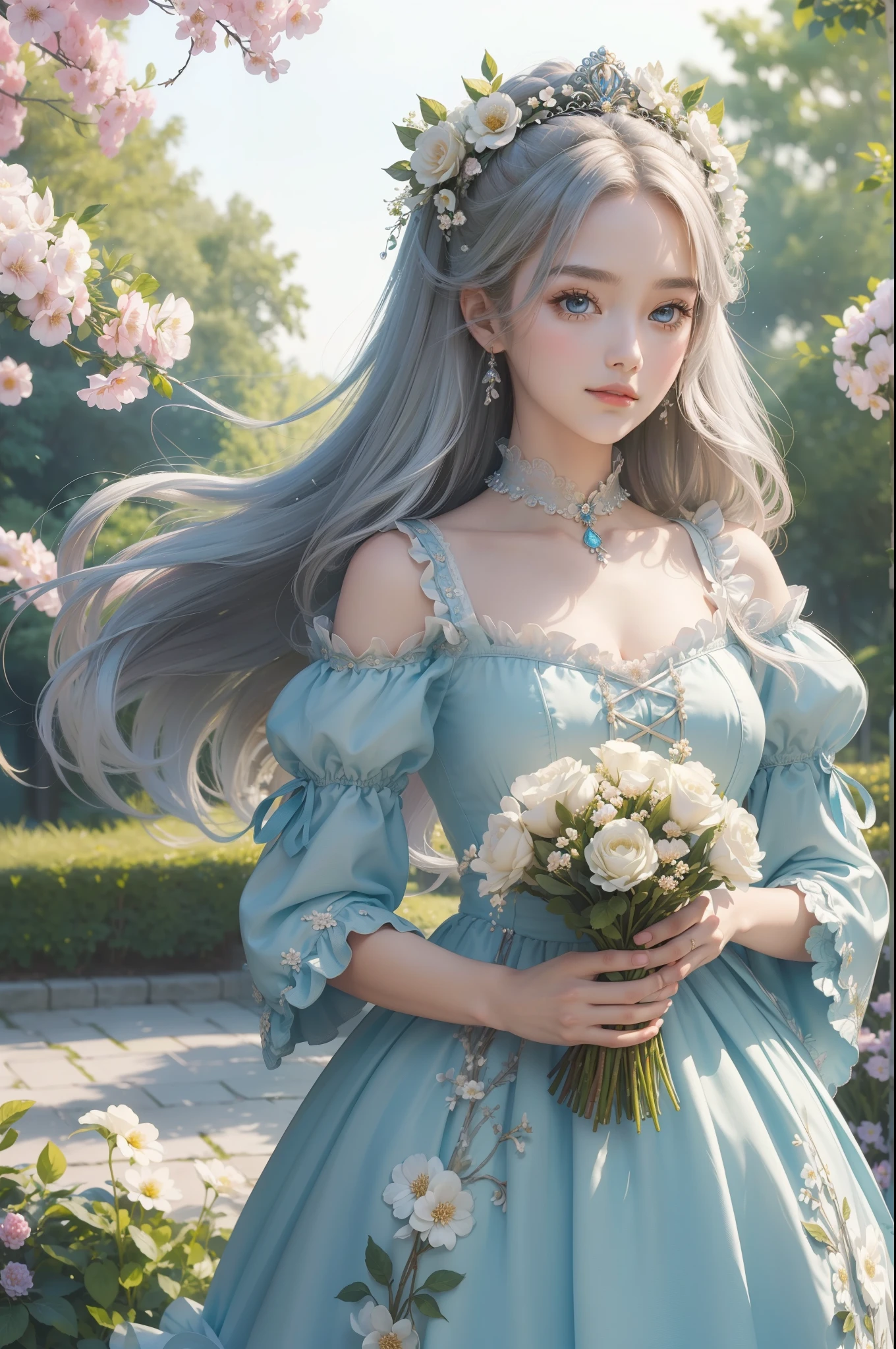 (​masterpiece、top-quality、illustratio、Extremely high quality、high-level image quality、Extremely sensitive writing)Girl with long silver hair standing in beautiful flowery garden、A slight smile、She has a large bouquet、Cute national costume style dress with ruffles on the shoulders、Hair fluttering in the wind