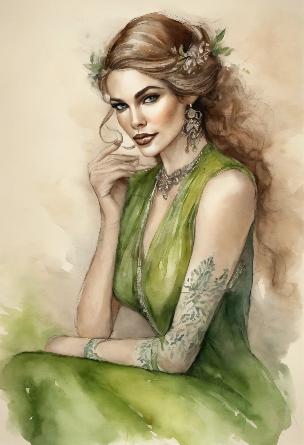 stunning elf seductress with beautiful face, bits of color, Sketch book, hand drawn, gritty, realistic sketch, Rough sketch, mix of bold dark lines and loose lines, bold lines, on paper, character design, brown hair, green eyes, beautiful, handsome, elegant, glam, silk revealing dress