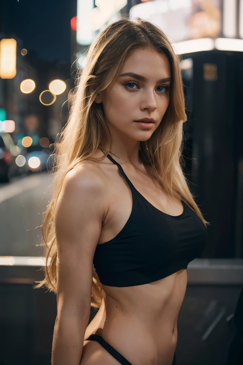 A captivating photo of a blonde woman in a black crop top exudes sexiness against the backdrop of a bustling city. The image showcases a shallow depth of field, with bokeh effects enhancing the city lights, creating an alluring contrast. Sharp focus is given to her expressive blue eyes and plump, realistic lips, while her golden locks cascade gracefully. This UHD, photo-realistic masterpiece, with its high resolution and raw authenticity, truly embodies the essence of realism (reallistic: 1.2).