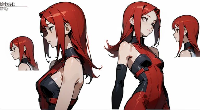 ((Best Quality)), ((masutepiece)), ((Realistic)) 19, red hair girl, shoulder length hair, Relaxed and happy face ((slender)) (busty), ((( Strapless Red Bodycon Dress ))) (( exy )) Textured Pixie Haircuts (((Detailed Character Sheet, Frontal view, Side view, three quarter view))) (((White background))) 6 heads and a half body
