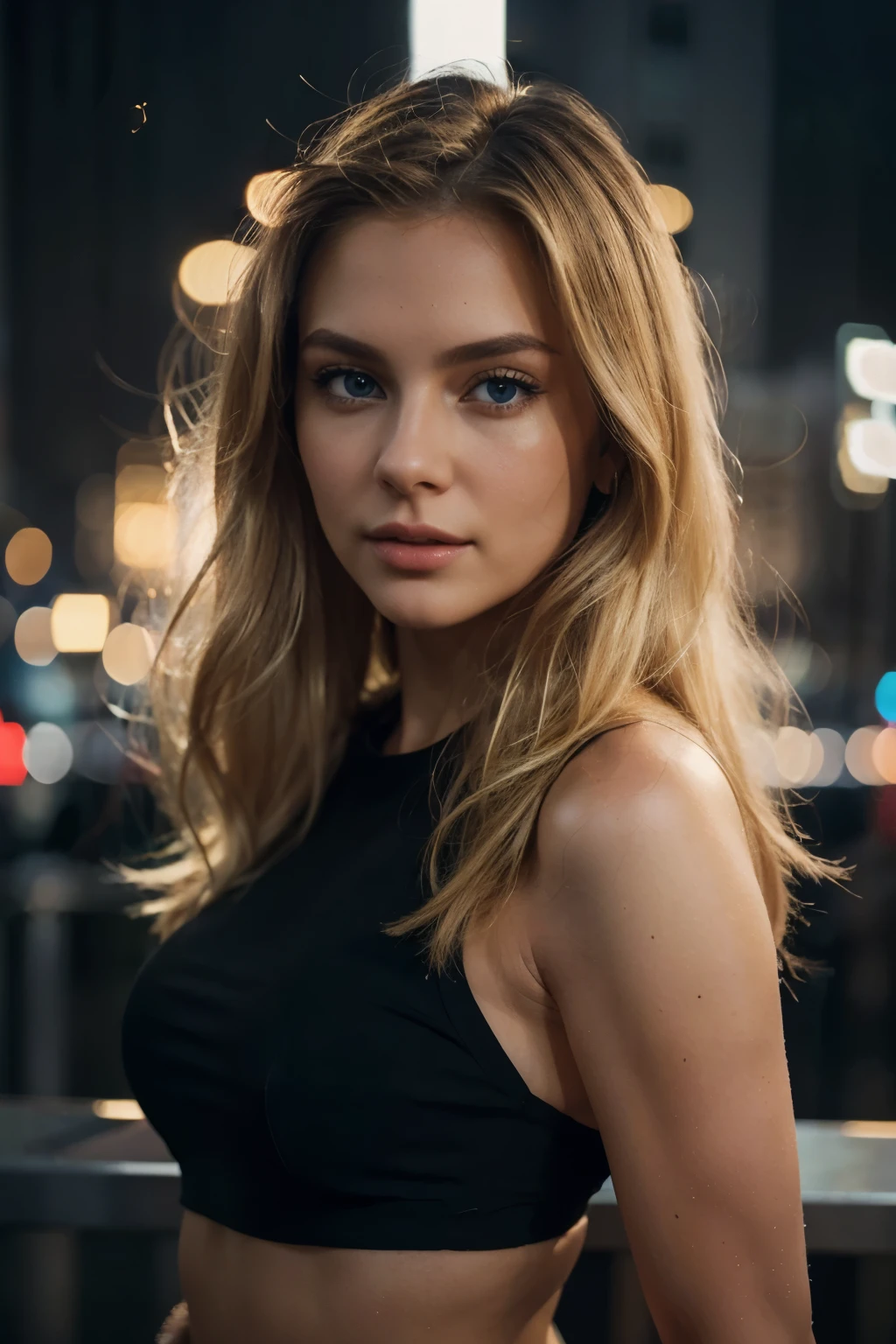 A captivating photo of a blonde woman in a black crop top exudes sexiness against the backdrop of a bustling city. The image showcases a shallow depth of field, with bokeh effects enhancing the city lights, creating an alluring contrast. Sharp focus is given to her expressive blue eyes and plump, realistic lips, while her golden locks cascade gracefully. This UHD, photo-realistic masterpiece, with its high resolution and raw authenticity, truly embodies the essence of realism (reallistic: 1.2).