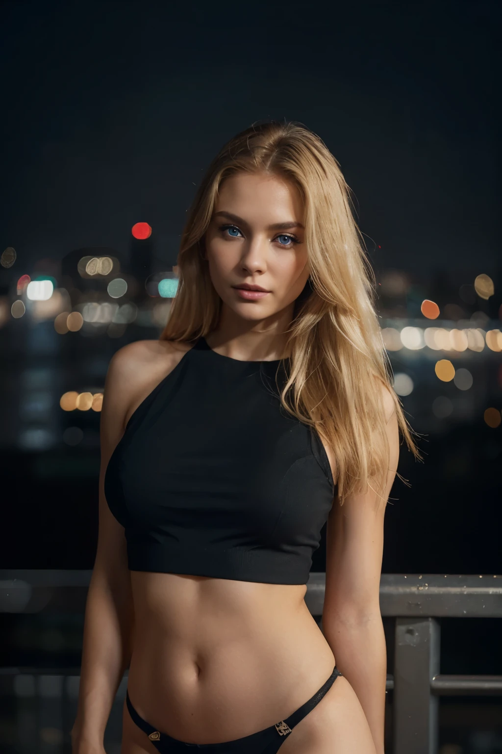 A captivating photo of a blonde woman in a black crop top exudes sexiness against the backdrop of a bustling city. The image showcases a shallow depth of field, with bokeh effects enhancing the city lights, creating an alluring contrast. Sharp focus is given to her expressive blue eyes and plump, realistic lips, while her golden locks cascade gracefully. This UHD, photo-realistic masterpiece, with its high resolution and raw authenticity, truly embodies the essence of realism (reallistic: 1.2).