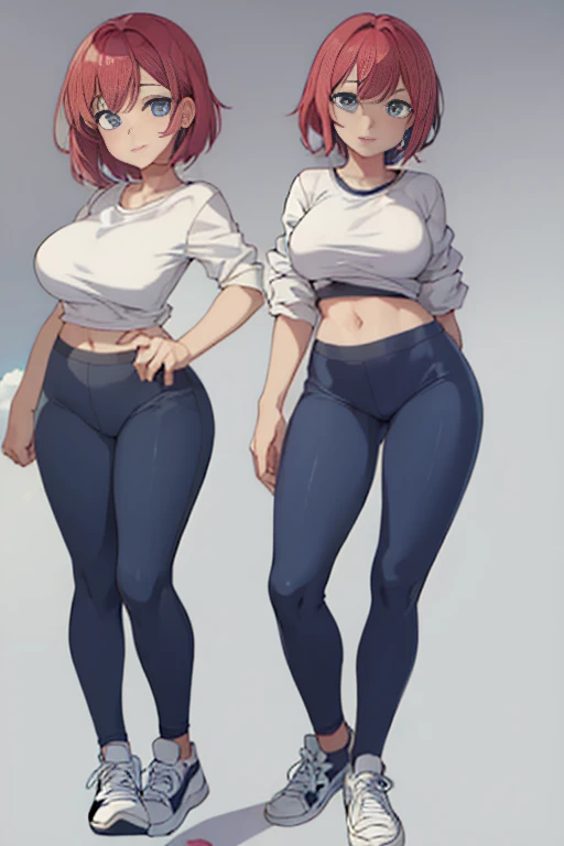 (high quality), 1 girl, (hotify:1.2),27 years old,tall,red_hair,short hair, detailed hair, smile,white shirt,short shirt, big breasts, (wide hips:1.2), blue leggings, body tight leggings, perfect eyes, blue eyes and detailed,detailed eyes, bare navel, free hands, intricate details, best quality,1girl,ultra high res, full body, multiple views of the character in the same outfit, simple background, white background,