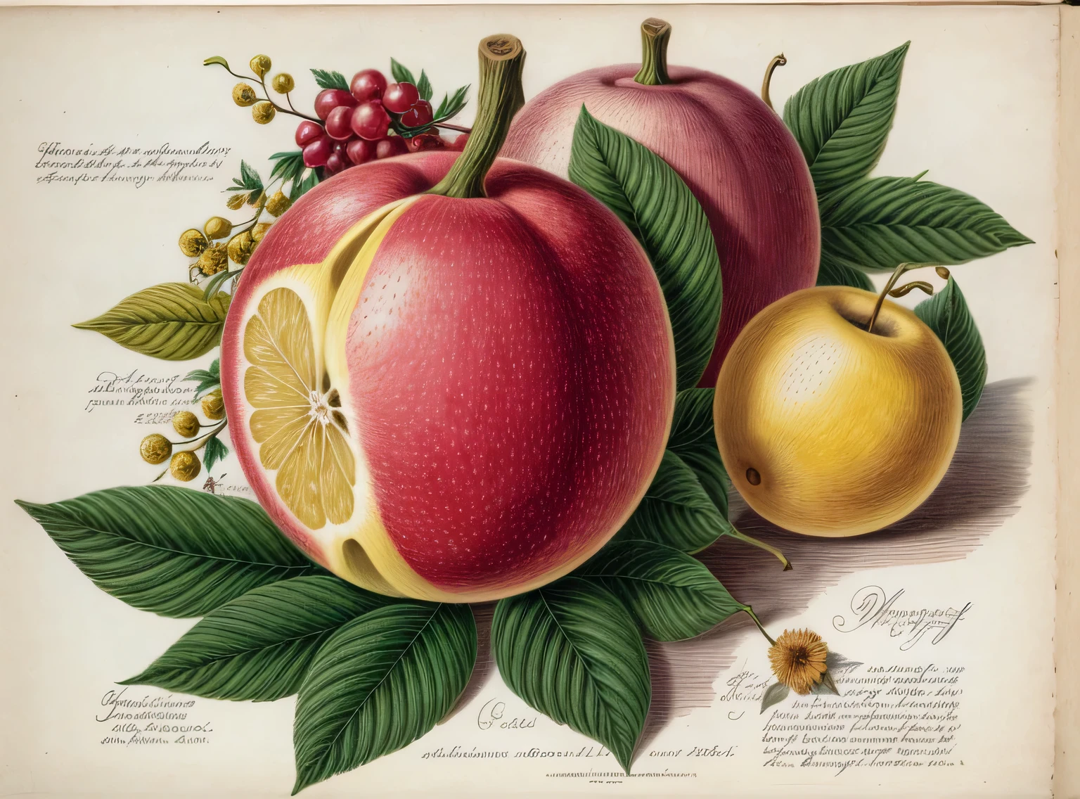 (melhor qualidade:1.2), (detalhado:1.2), (obra de arte:1.2), vintage botanical illustrations of impossible magical fruits (1770 1775) in high resolution by John Edwards