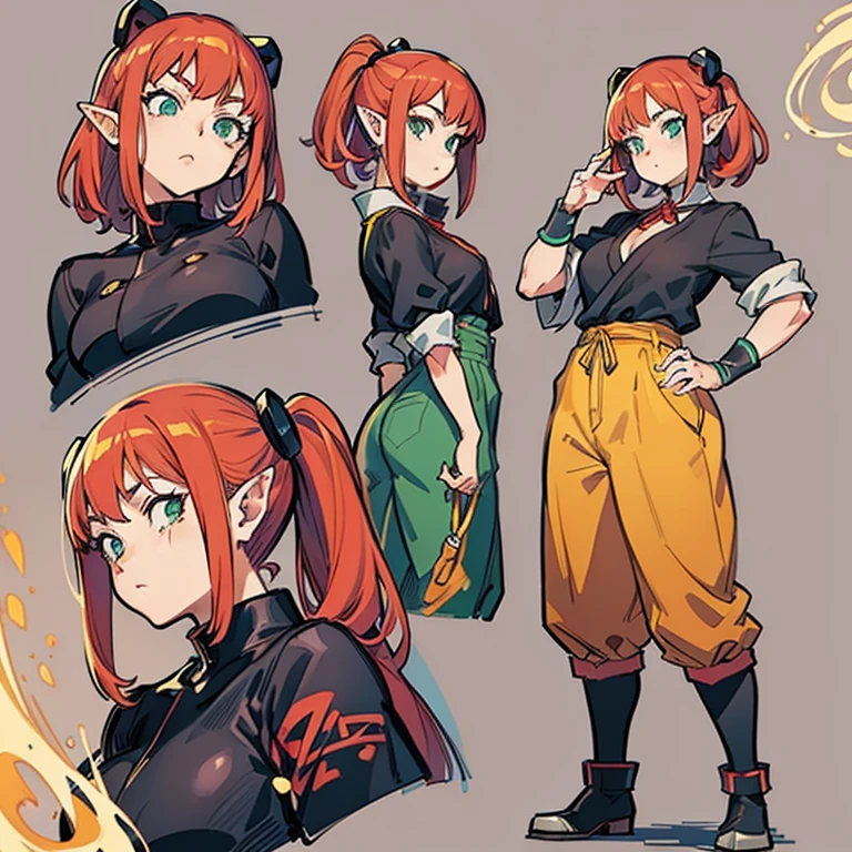 the artistic influence of Yusuke Murata and dragon ball, akira toriyama, (maximum detail), in 4k, (black boots), (elf), (redhead), (large breasts), (big chest), (sexy body), (green pants)