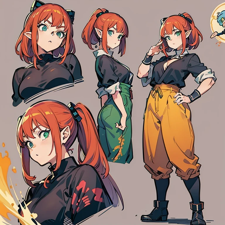 the artistic influence of Yusuke Murata and dragon ball, akira toriyama, (maximum detail), in 4k, (black boots), (elf), (redhead), (large breasts), (big chest), (sexy body), (green pants)